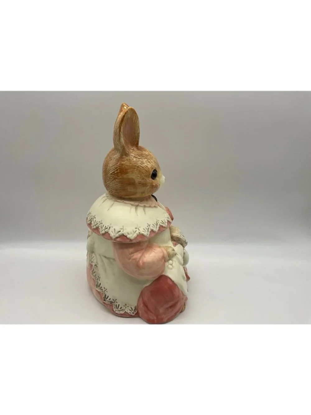 Mother Rabbit Vintage 1980s Ceramic Cookie Jar Made in Japan Pink and White